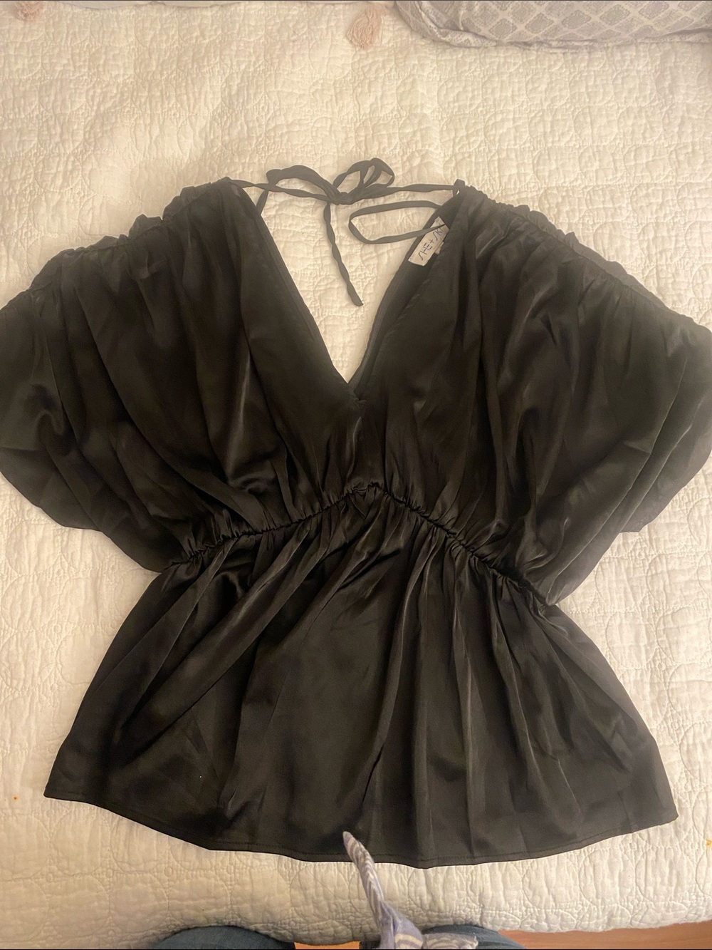 She + Sky Black V-Neck Cinched Waist Draped Blouse